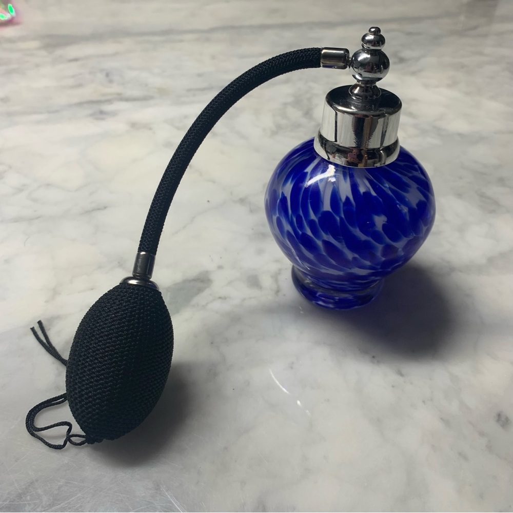 Art Glass Perfume Atomizer Bottle VTG Blue And White